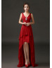 Red Pleated Chiffon High Low Sexy Evening Dress